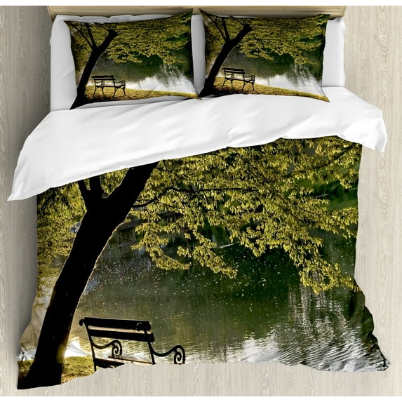 Tree Duvet Cover Set, Bench Under Timber Tree by Riverside Epic Countryside Rural Relaxing Resting Space Scenery, Decorative 3 Piece Bedding Set with 2 Pillow Shams, Queen Size, Green, by Ambesonne
