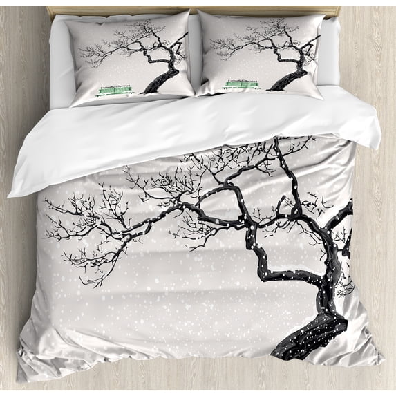 Tree Duvet Cover Set, Dramatic Winter Scenery Retro Bench and Lonely Plant in a Cold Day, Decorative 3 Piece Bedding Set with 2 Pillow Shams, Queen Size, Charcoal Grey Sea Green, by Ambesonne
