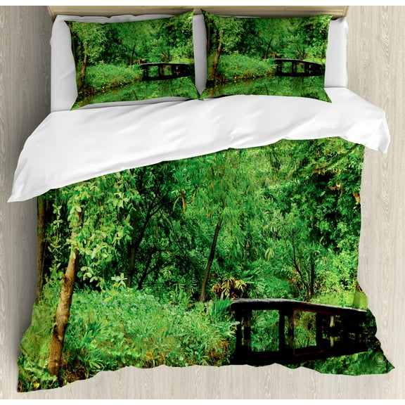 Tree Duvet Cover Set King Size, Deep in Forest Theme Woodsy Landscape Leaves And Bridge Foliage Lush Rural Scenery, Decorative 3 Piece Bedding Set with 2 Pillow Shams, Green Brown, by Ambesonne