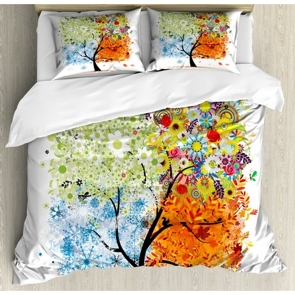 Tree Duvet Cover Set King Size, Seasonal Tree Branches with Flowers Spring Summer Autumn Winter Growth Theme Artwork, Decorative 3 Piece Bedding Set with 2 Pillow Shams, Multicolor, by Ambesonne