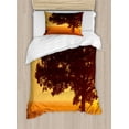 thumbnail image 1 of Tree Duvet Cover Set, Lonely Tree on the Field at Sunrise in Warm Color Countryside Foggy Morning Scenery, Decorative 2 Piece Bedding Set with 1 Pillow Shams, Twin Size, Brown Orange, by Ambesonne, 1 of 3