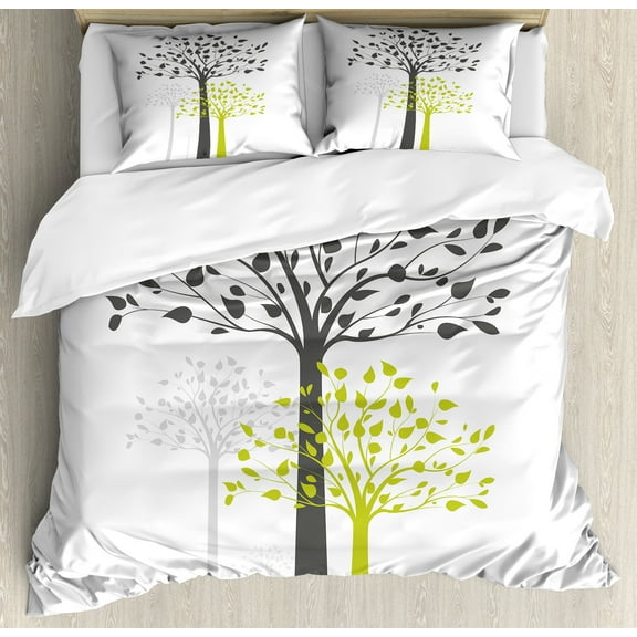 Tree Duvet Cover Set, Mother Nature Theme Fresh Trees Leaves Pattern Ecology and Growth Theme, Decorative 3 Piece Bedding Set with 2 Pillow Shams, Queen Size, Pale Green White, by Ambesonne