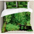 thumbnail image 1 of Tree Duvet Cover Set Queen Size, Deep in Forest Theme Woodsy Landscape Leaves And Bridge Foliage Lush Rural Scenery, Decorative 3 Piece Bedding Set with 2 Pillow Shams, Green Brown, by Ambesonne, 1 of 3