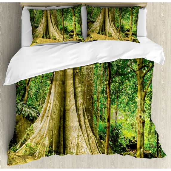 Tree Duvet Cover Set, Scene of a Big Tree Trunk in Thailand, Decorative 3 Piece Bedding Set with 2 Pillow Shams, King Size, Fern Green Pale Green, by Ambesonne