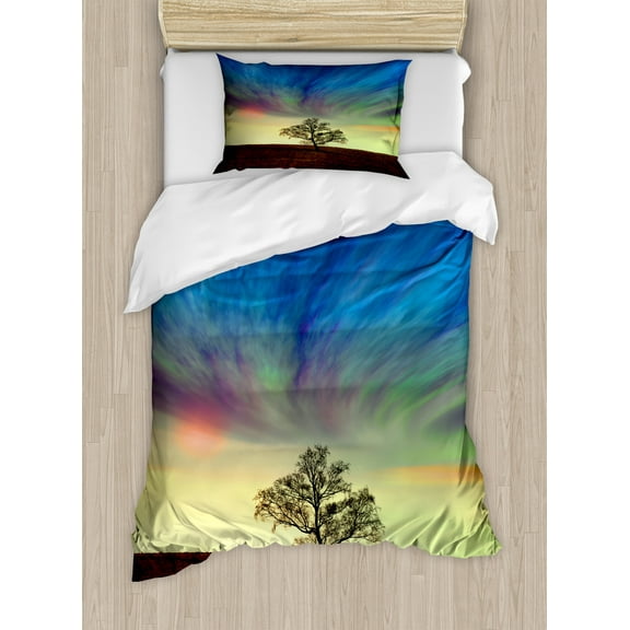 Tree Duvet Cover Set, Only Tree in Field Under Colorful Surreal Dramatic Sky Springtime Art, Decorative 2 Piece Bedding Set with 1 Pillow Shams, Twin Size, Blue Lime Brown, by Ambesonne