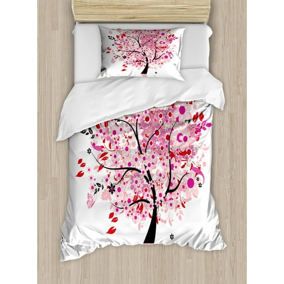Tree Duvet Cover Set Twin Size, Abstract Tree with Floral Burst Blossoms Daisies Leaves Butterflies Forest, Decorative 2 Piece Bedding Set with 1 Pillow Sham, Brown Red Pink White, by Ambesonne