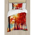 thumbnail image 1 of Tree Duvet Cover Set Twin Size, Autumnal Foggy Park Fall Nature Scenic Scenery Maple Trees Sunbeams Woods, Decorative 2 Piece Bedding Set with 1 Pillow Sham, Orange Yellow Teal, by Ambesonne, 1 of 3