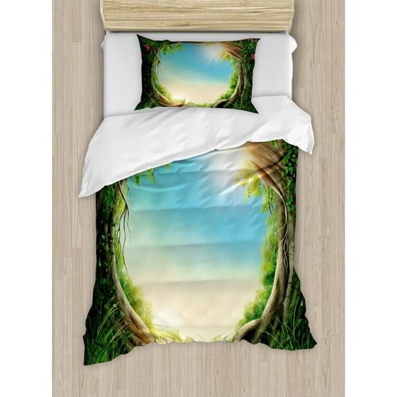 Tree Duvet Cover Set Twin Size, Enchanted Forest in Spring Fresh Growth Foliage with Blossoms Fairytale Fantasy, Decorative 2 Piece Bedding Set with 1 Pillow Sham, Green Pink Cocoa, by Ambesonne