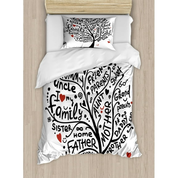 Tree Duvet Cover Set Twin Size, Family Tree Themed Composition with Doodle Style Drawing Parents Friends, Decorative 2 Piece Bedding Set with 1 Pillow Sham, Vermilion Black White, by Ambesonne