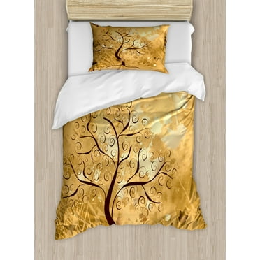 Tree Duvet Cover Set Twin Size, Grunge Style Composition with Swirled Branches and Butterfly Silhouettes, Decorative 2 Piece Bedding Set with 1 Pillow Sham, Brown and Pale Brown, by Ambesonne