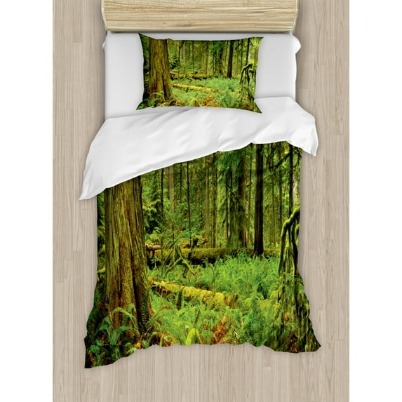 Tree Duvet Cover Set Twin Size, Idyllic Lush Rainforest in Canadian Island with Ferns Moss on Tree Nature Ecology Photo, Decorative 2 Piece Bedding Set with 1 Pillow Sham, Green, by Ambesonne