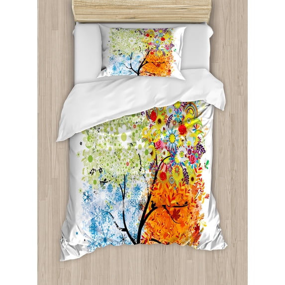 Tree Duvet Cover Set Twin Size, Seasonal Tree Branches with Flowers Spring Summer Autumn Winter Growth Theme Artwork, Decorative 2 Piece Bedding Set with 1 Pillow Sham, Multicolor, by Ambesonne