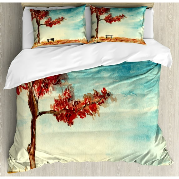Tree Duvet Cover Set, Watercolors Design of a Tree and Bench Earth Ecological Protection for Future Image, Decorative 3 Piece Bedding Set with 2 Pillow Shams, Queen Size, Orange Blue, by Ambesonne