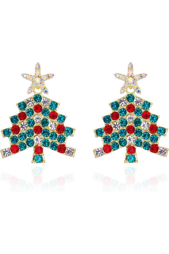 Tree Earrings, Shiny Zircon Christmas Tree Hanging Earrings, Shiny Five Corner Zircon Christmas Tree Colorful Ear Ornaments, Christmas Tree Charm Hanging Earrings (Colorful)