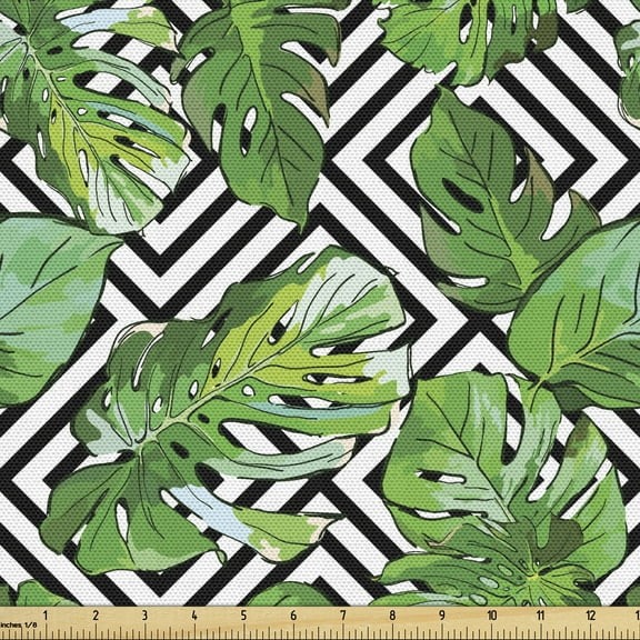 Ambesonne Tree Fabric by the Yard Upholstery, Macro Palm Tree Leaves, 2 Yards, Hunter Green Black White