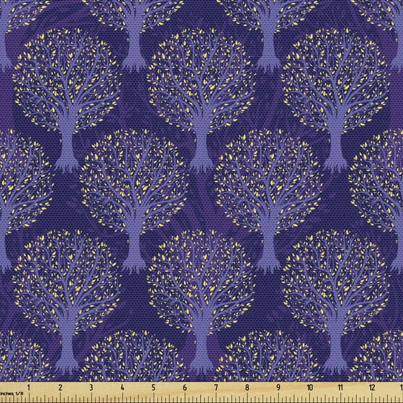 Ambesonne Tree Fabric by the Yard Upholstery, Mystic Forest Leaves Night, 10 Yards, Dark Ceil Blue Indigo