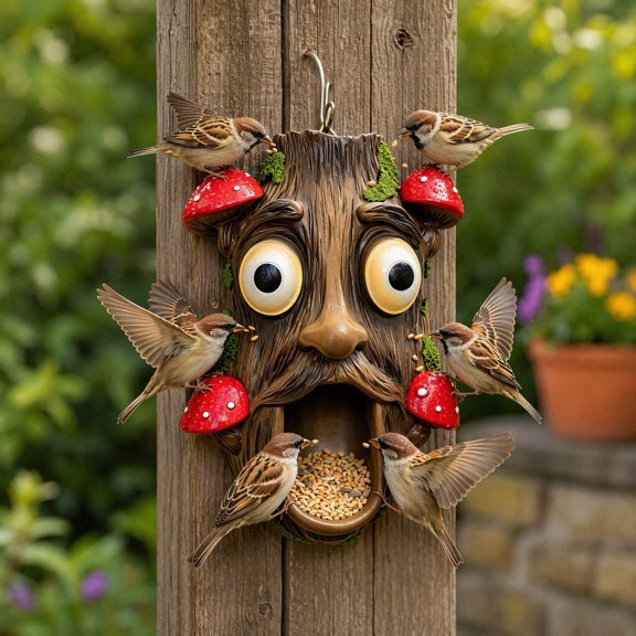Tree Face Bird Feeder, Funny Tree Face Garden Sculpture, Outdoor Decorative Bird Feeder for Trees Fences Posts Walls