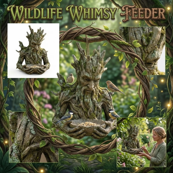 Tree Face Bird Feeder, Outdoor Garden Sculpture with Hidden Keyhole Hanger, Whimsical Ancient Tree Art Décor for Yard and Garden