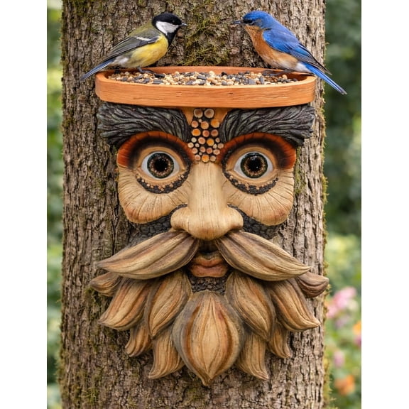 Tree Face Decor Outdoor Bird Feeder  11 x 8 Inch Resin Nature Hugger Sculpture with Bird Seed Bowl  Weatherproof Garden Art Statue with Hooks & Hangers  Funny Tree Face Yard Decoration