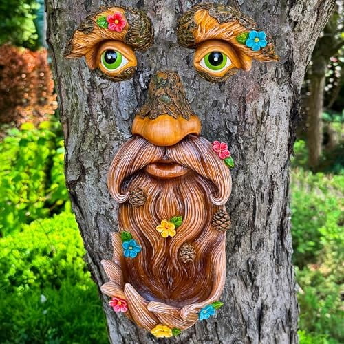 Tree Face Decor - Outdoor Bird Feeder - Old Man Face Decoration with Flowers - Tree Garden Hugger - Yard Art Statues$$Garden & Patio