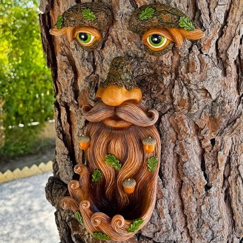 Tree Face Decor - Outdoor Bird Feeder with Acorns - Old Man Tree Face Garden Hugger Decoration$$Garden & Patio