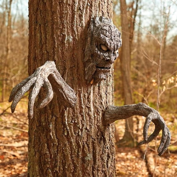 Tree Face Decorations Outdoor Halloween Decor, Tree Bark Face Sculpture for Yard Art, Resin Tree Hugger Garden Ornament with Hanging Hole(Q)