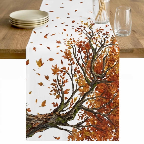 Tree Fall Table Runner - 36 Inch Long Autumn Leaves Branches Watercolor Botanical Elegant Cotton and Linen Blended Dress Scarves Farmhouse Table Runner for Kitchen Dining, Coffee Table, 13" x 36"