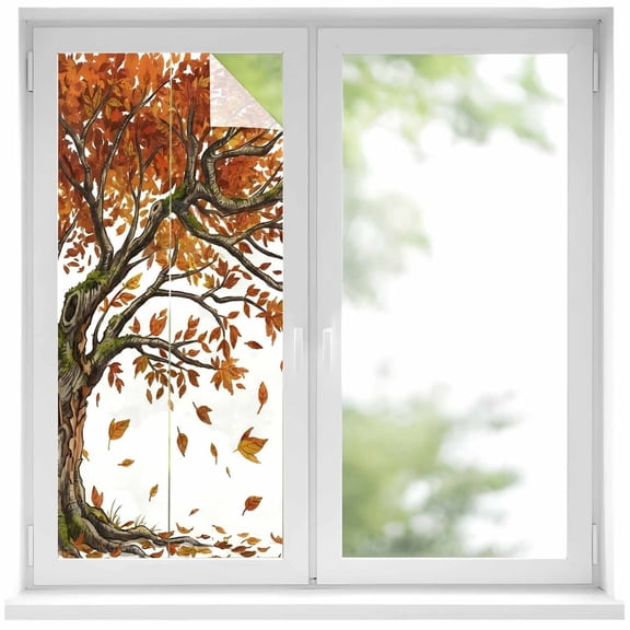 Tree Fall Window Privacy Film,Autumn Leaves Branches Watercolor Botanical Elegant Static Cling UV Sun Blocking Heat Control Window Tint Day and Night,Non-Adhesive One Way Privacy Cover 17.7''x39.3''
