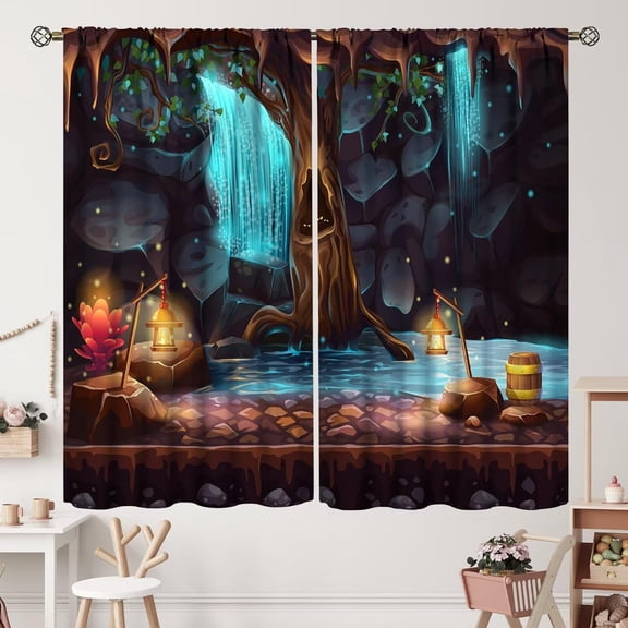 Tree Fantasy Enchanted Curtain Drapes 2 Panels Set Rod Pocket Forest Cave Waterfall Magic Cask for Living Room Bedroom Decor