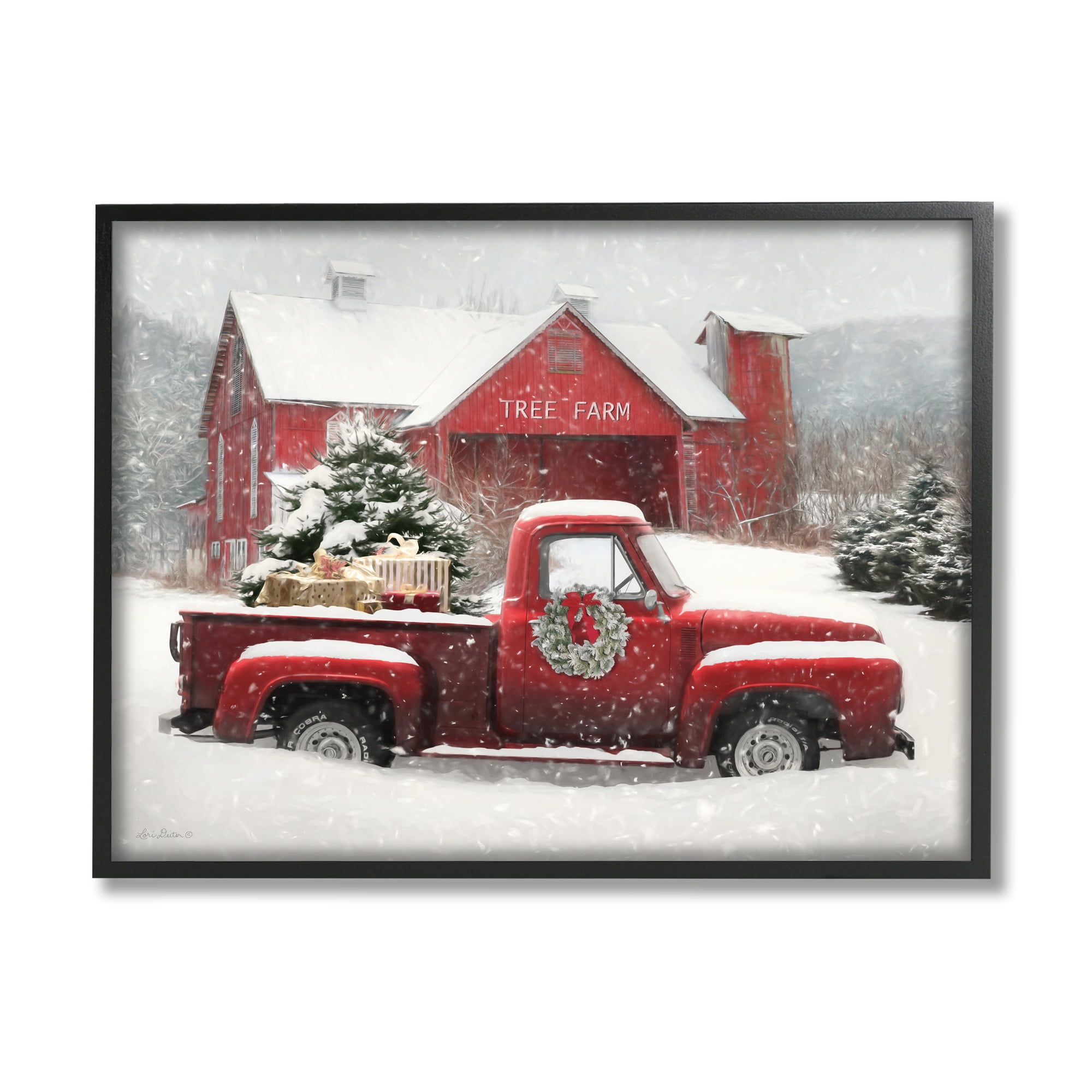 Tree Farm Red Truck Wintery Snow Flurries Framed Wall Art