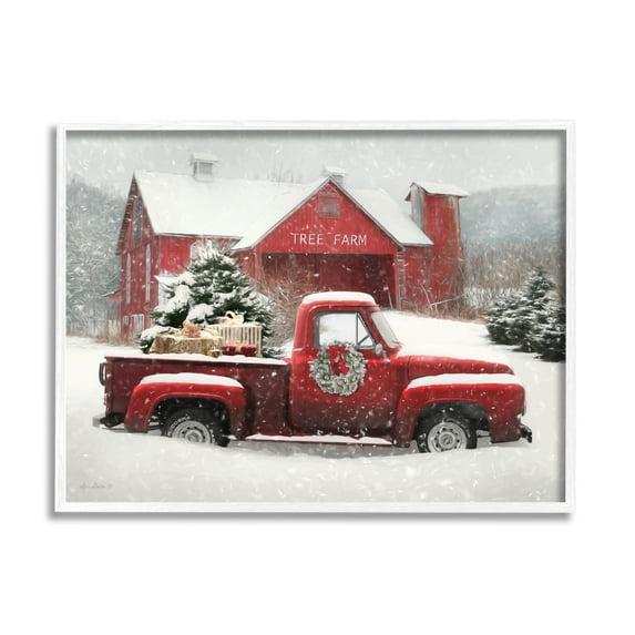 Tree Farm Red Truck Wintery Snow Flurries Transportation Painting Framed Art Print Wall Art