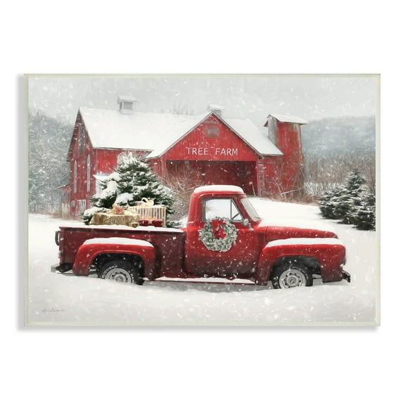Tree Farm Red Truck Wintery Snow Flurries Transportation Painting Unframed Art Print Wall Art