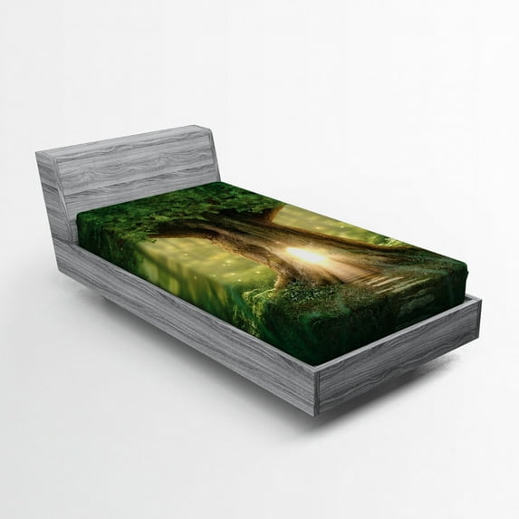Ambesonne Tree Fitted Sheet, Thirving Jungle Spring Season, Twin XL Size, Green Pale Yellow