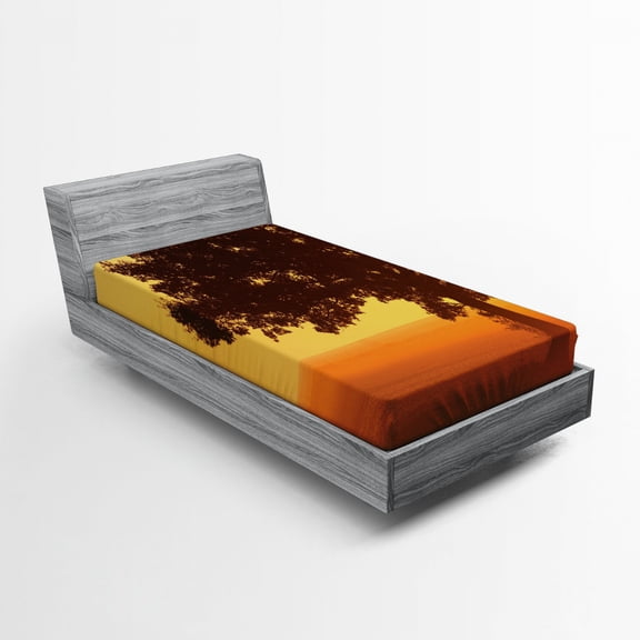 Ambesonne Tree Fitted Sheet, Countryside Farm Sunrise, Twin Size, Brown Orange