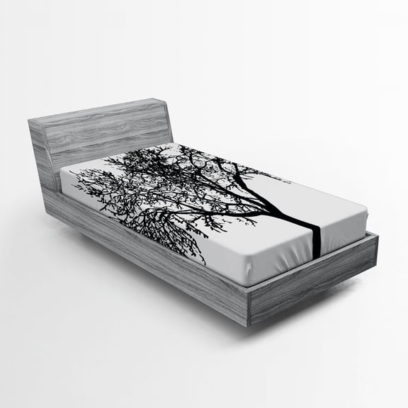 Ambesonne Tree Fitted Sheet, Bare Branches Silhouette Art, Twin XL Size, Charcoal Grey White