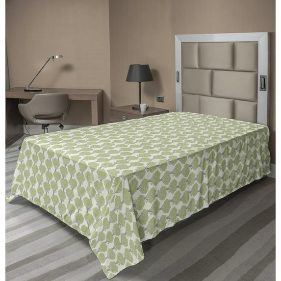 Tree Flat Sheet, Abstract Art Curvy Leaves Ornaments Calm Forest Illustration, Soft Comfortable Top Sheet Decorative Bedding 1 Piece, 6 Sizes, Pistachio Green Eggshell, by Ambesonne