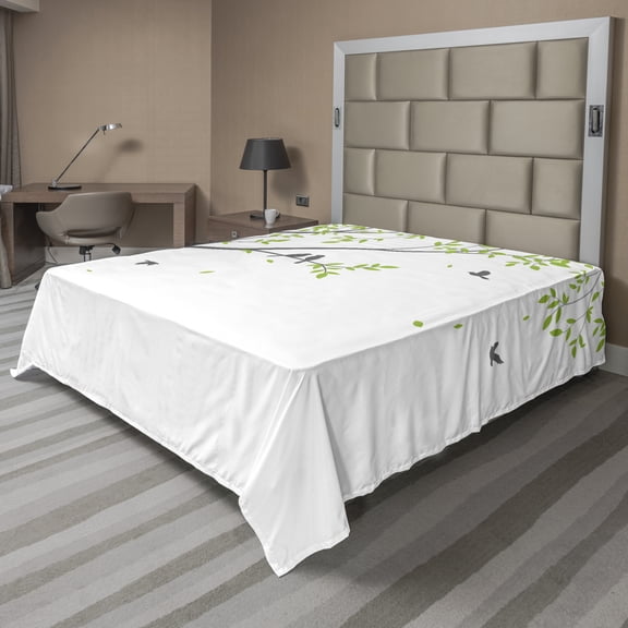 Ambesonne Tree Flat Sheet, Spring Season and Branches, King Size, Dimgray Lime Green