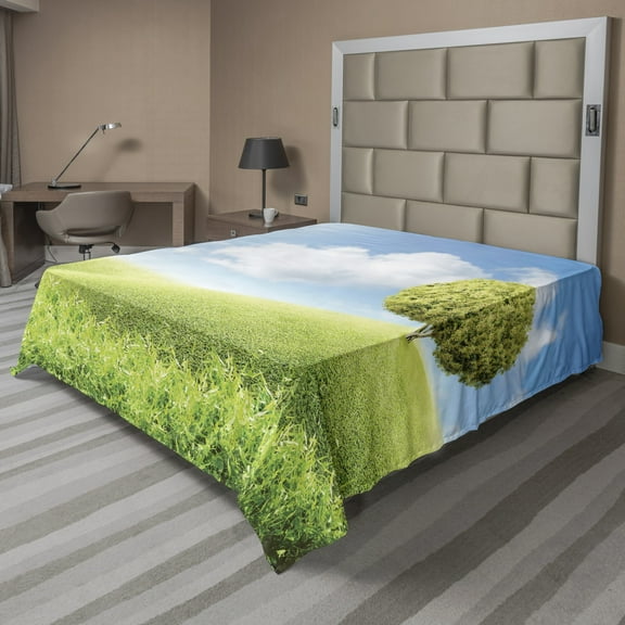 Ambesonne Tree Flat Sheet, Clear Sky over a Grass Field, Queen Size, Sky Blue Avocado Green
