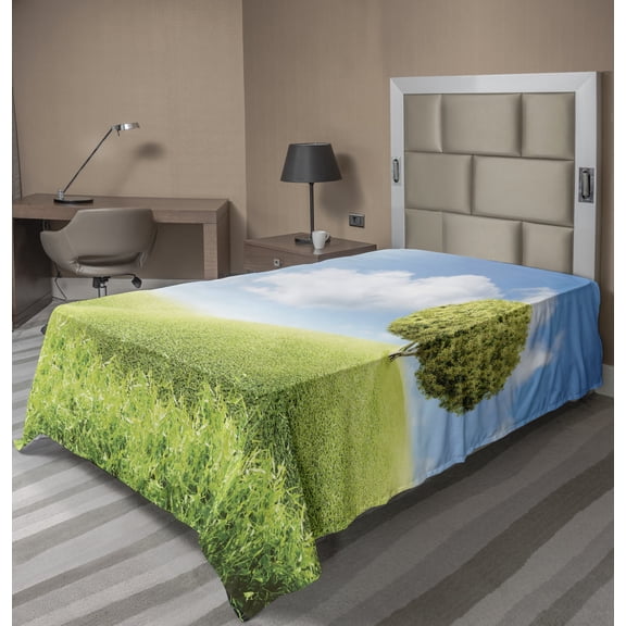 Ambesonne Tree Flat Sheet, Clear Sky over a Grass Field, Twin Size, Sky Blue Avocado Green