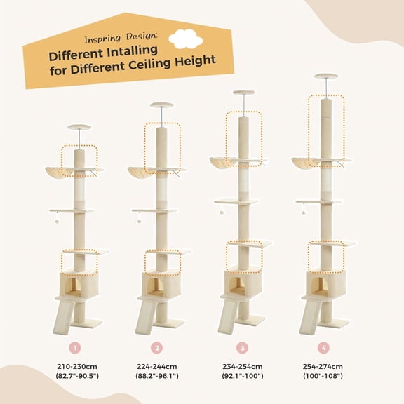 Tree Floor to Ceiling, Tall Tower, Adjustable Height (83''-108'') 5 Tiers Climbing Tree for Indoor Cats with Condo, Scratching Post and Ladder, Beige