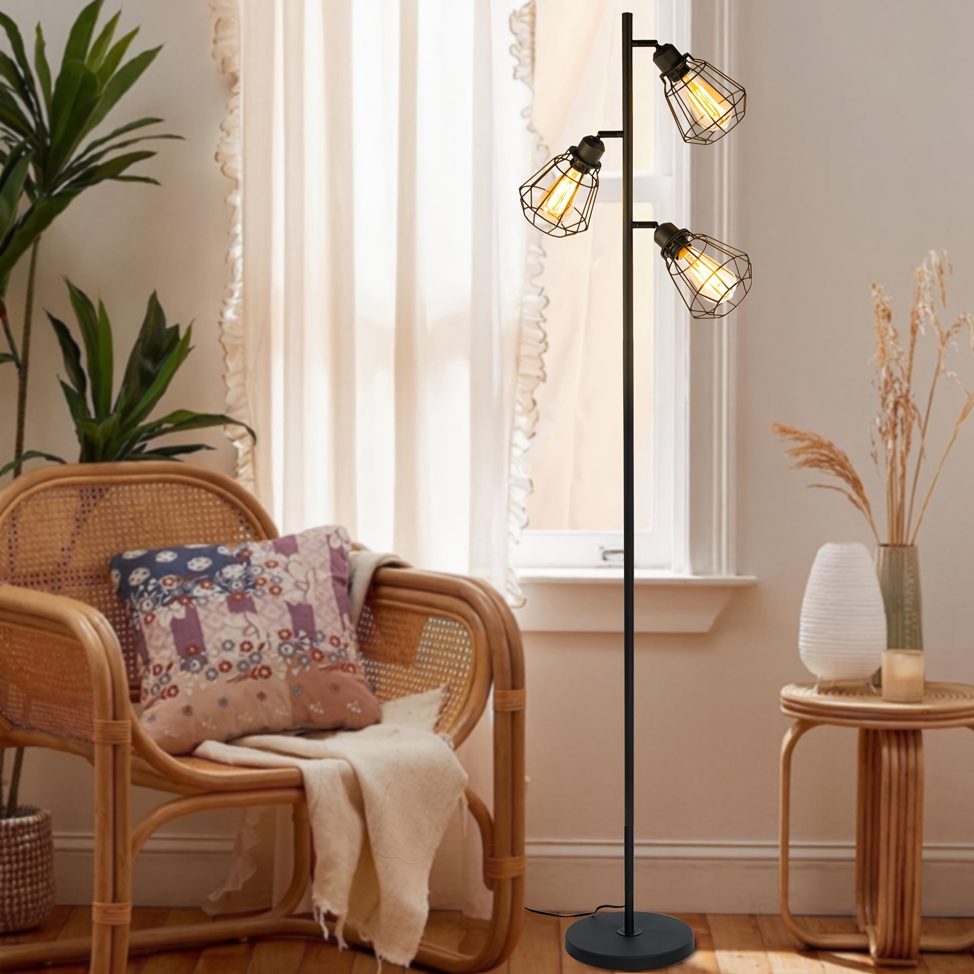 Tree Floor Lamp for Living Room with 3 Elegant Teardrop Heads And ST64 Edison Bulbs, Sturdy Base, Tall Vintage Pole Lamp for Cottage Rustic Bedroom Office