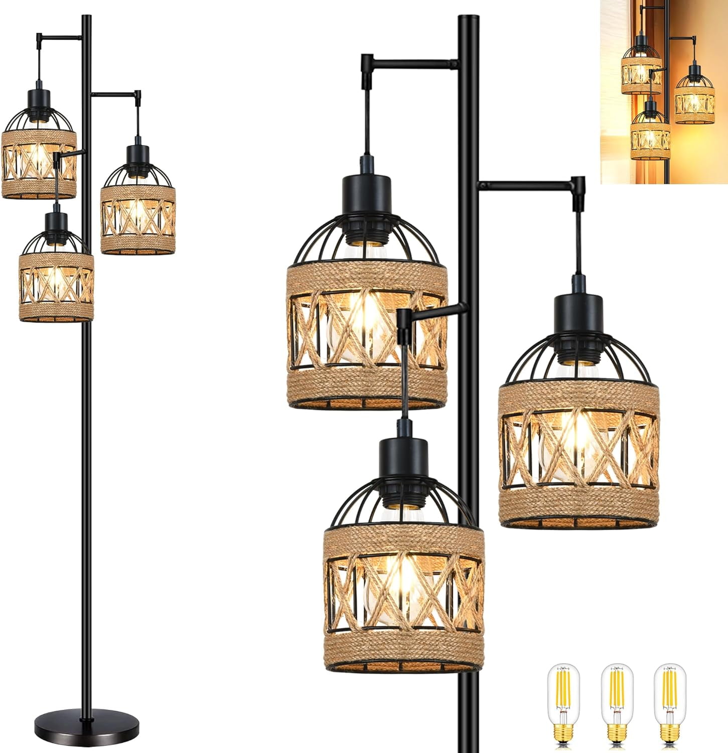 Tree Floor Lamp Rattan for Living Room,Bedroom,3-Lights Boho Floor ...
