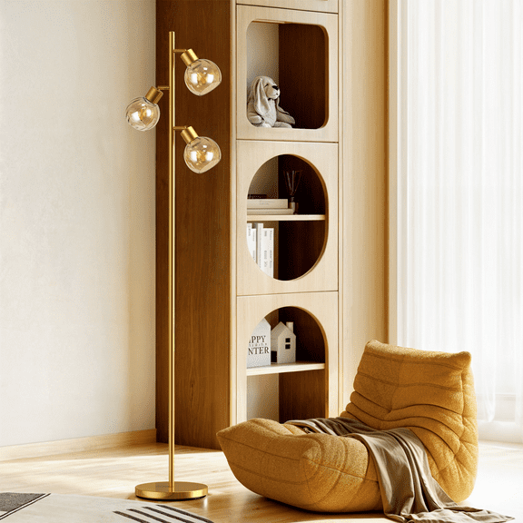 Tree Floor Lamp With 3 Adjustable Rotating Lights And Matching Led Bulbs, Standing Tall Pole Lamps For Living Room, Bedroom, Home