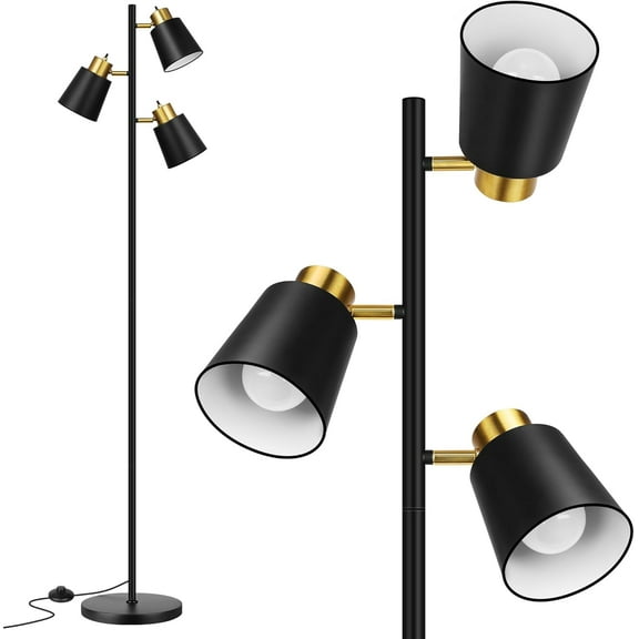 Tree Floor Lamps for Living Room, 67" Modern Standing Floor Lamp with 3 LED Bulb, Industrial Tall Lamp Reading Lighting for Bedroom Study Office Decor, 3 Rotatable Light Heads, Black Gold