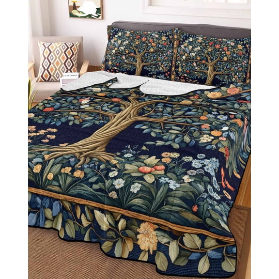 Tree Floral Full Size Down Alternative Comforter, Lightweight Comforter Quilt Bedding Set with Pillow Shams Boho Vintage Country Botanical Patterns All Seasons Bed Comforter Duvet Insert 78"x90"