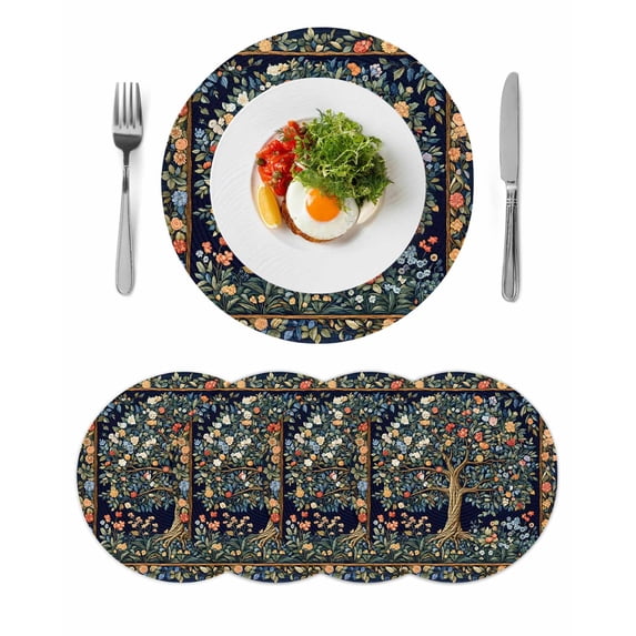 Tree Floral Round Placemats Set of 4 for Dinning Tables,Heat-proof Braided Table Mats 13 Inch,Boho Vintage Country Botanical Patterns Washable Place Mat for Kitchen Restaurant Party Table Decor