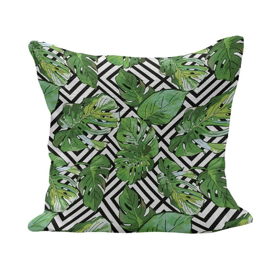 Tree Fluffy Throw Pillow Cushion Cover, Macro Palm Leaves on Minimalist Striped Geometric Botany Print, Decorative Square Accent Pillow Case, 18" x 18", Hunter Green Black White, by Ambesonne