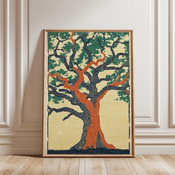Tree Foliage Branching Green Blue Woodcut Orange Trunk Nature Wall Art, Unframed Paper Poster 8x10in