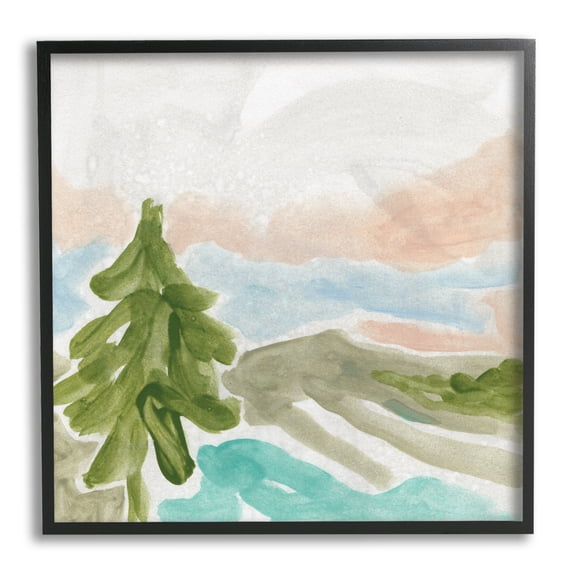 Tree Forest Landscape Abstract Lake Mountain Range Abstract Framed Art Print Wall Art, 17x17
