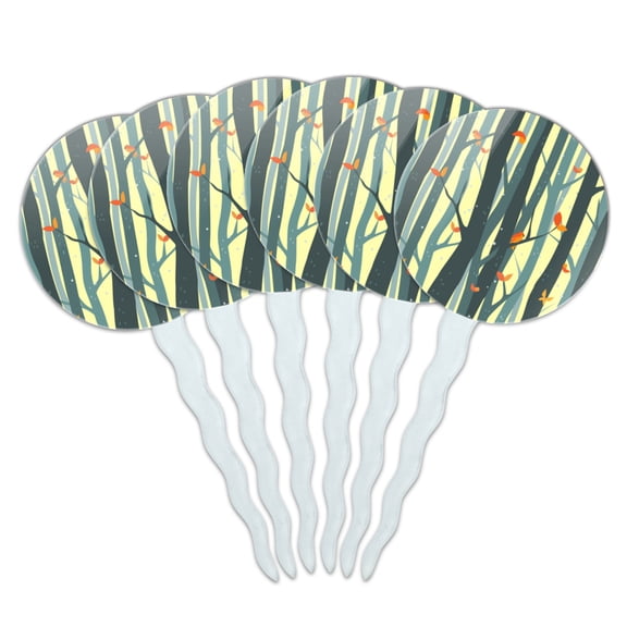 Tree Forest Pattern with Birds and Butterflies Cupcake Picks Toppers Decoration Set of 6